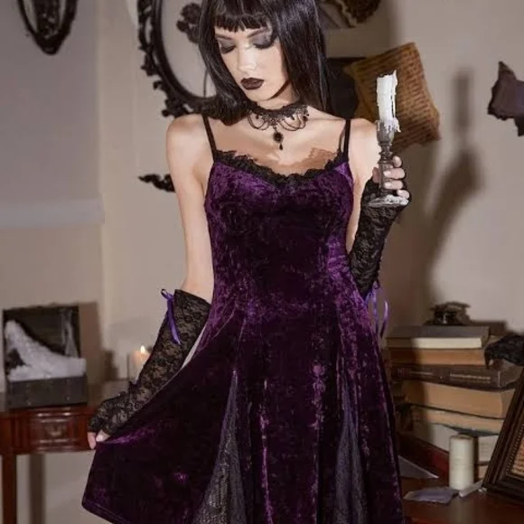 ROMWE Purple Velvet Gothic Mini Dress - Picture 1 of 4
